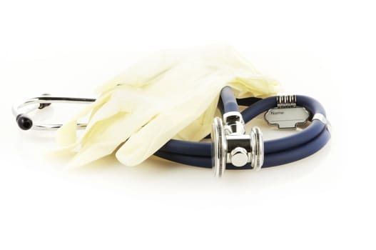 Medical gloves and blu phonendoscope for patients examination