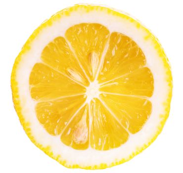 Slice of ripe lemon with three pits isolated on white background