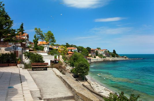 View of city Old Nessebar and sea, Bulgaria 