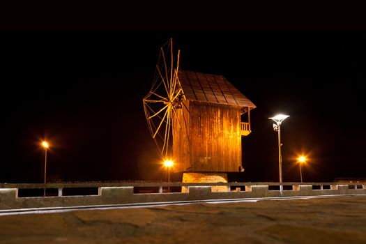 Black Mill in Old Nessebar, night view 