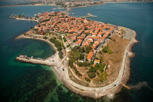 Old Nessebar city, Bulgaria, aerial view from helicopter 