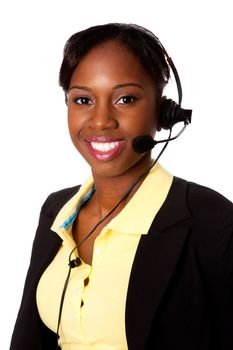 Beautiful happy smiling African business woman customer service representative operator, isolated.