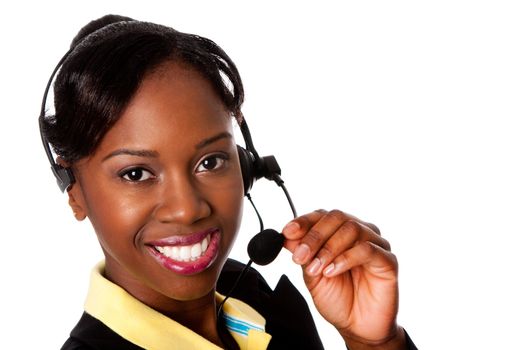 Beautiful happy smiling African business woman customer service representative operator, isolated.