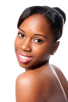 Happy smiling African woman with pimple acne free healthy skin showing shoulder and back, skincare concept, isolated.