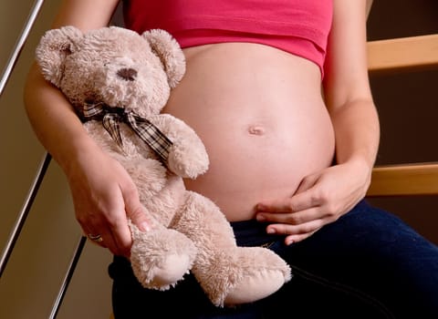 pregnant woman is holding teddy bear. pregnancy concept