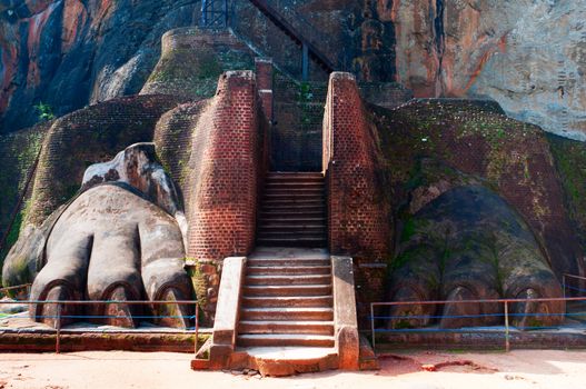 Entrance ancient fortress and palace on high Lion's rock , Sigiriya