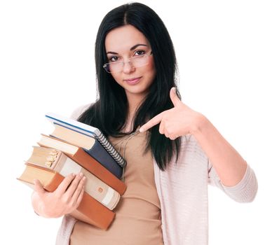 Young woman draws attention to books isolated on white background