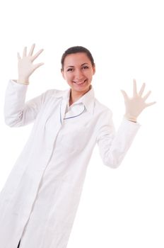 Carefree nurse in gloves isolated on white background