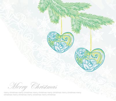 Christmas background. Christmas branch and ball in form heart.