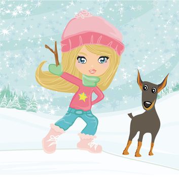 winter girl and her dog