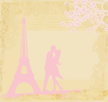 Romantic couple in Paris kissing near the Eiffel Tower Retro card