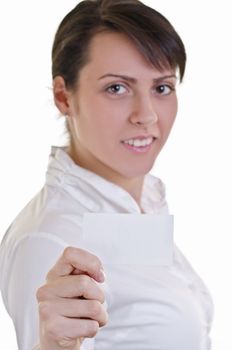 Business woman showing blank business card, Selective focus on hand with card, blurred face