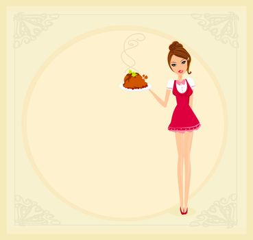 Beautiful Waitress serving a chicken