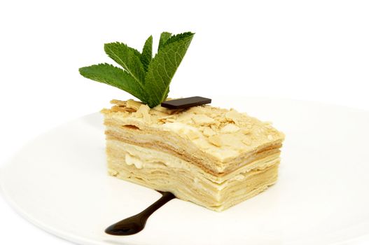 layered dessert on a white background decorate with mint