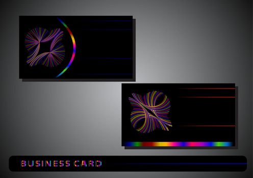 business card with a colorful logo on a black background