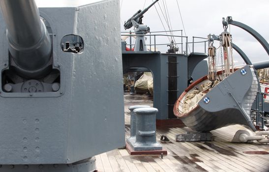 lifeboat on the deck of a warship