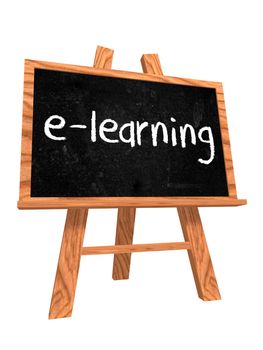 3d isolated wooden blackboard with text - e-learning