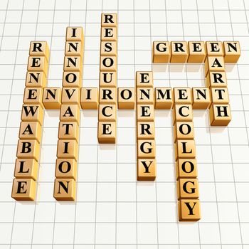 3d golden cubes, crossword - environment, renewable, innovation, resource, energy, ecology, Earth, green