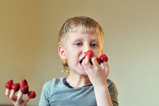 boy eating strawberry put on his fingers  