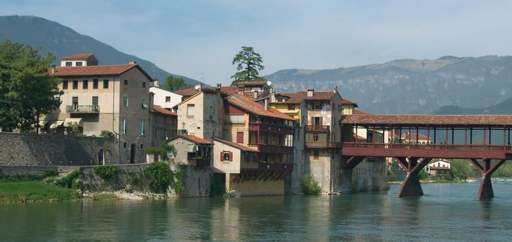 View of the town of Bassano del Grappa and the bridge of Alpine Rifles