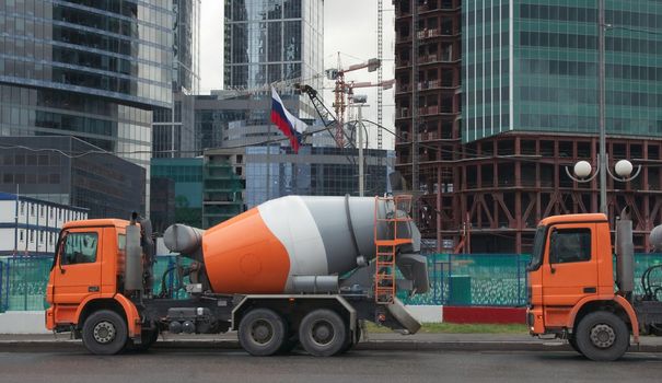 Concrete trucks at a construction site in Moscow