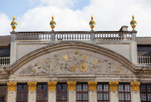 Detail of roof and statues on Moulin a Vent in Grand Place in Brussels