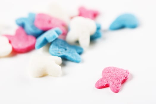 Closeup view of teeth shaped little candies