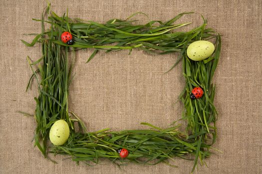 Grass frame with eggs and lady-bugs over canvas background 