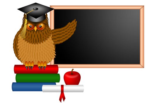 Wise Horned Owl Professor Sitting on Books with Chalkboard Apple Diploma and Books in Classroom Illustration