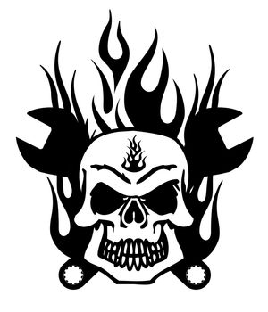 Bikers Skull Symbol with Mechanics Wrench and Flames Illustration