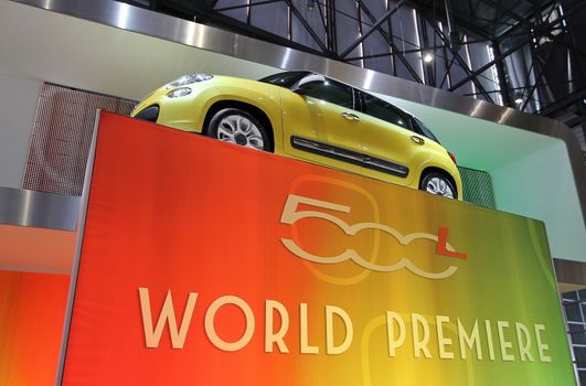 GENEVA - MARCH 16 : The Fiat 500L World Premiere on display at the 82nd International Motor Show Palexpo -Geneva on March 16; 2012 in Geneva, Switzerland.