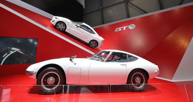 GENEVA - MARCH 16 : two white Toyota 2000 GT on display at the 82nd International Motor Show Palexpo -Geneva on March 16; 2012 in Geneva, Switzerland.