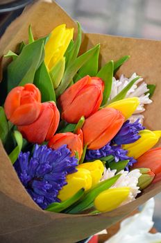 Beautiful bouquet filled with colorful tulips