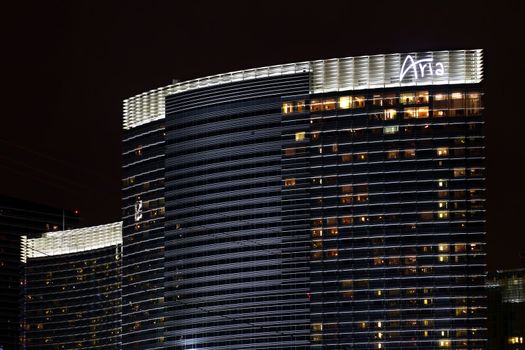 Nighttime view of the Aria Resort and Casino in Las Vegas, Nevada.