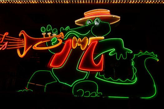 Musical Alligator Sign welcomes visitors to The Orleans Hotel and Casino in Las Vegas, Nevada.