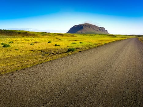 Long dirty road in country green desert