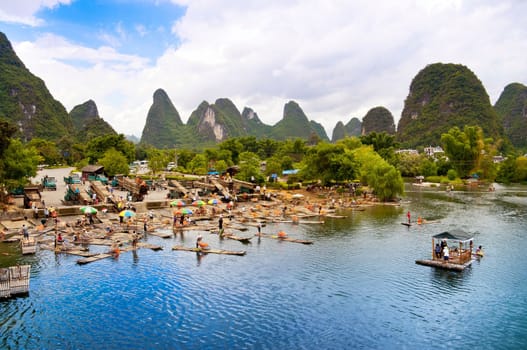 Bamboo rafting starting point in Yangshuo Li River, China