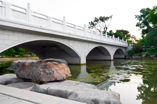 White chinese bridge over a river in a city park