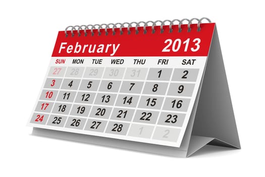 2013 year calendar. February. Isolated 3D image