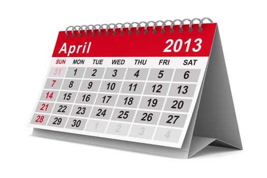 2013 year calendar. April. Isolated 3D image