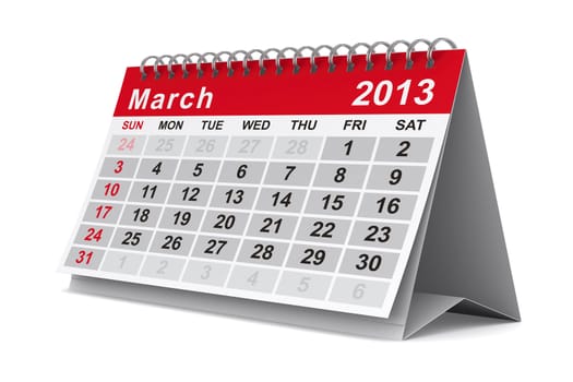 2013 year calendar. March. Isolated 3D image