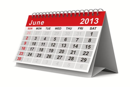 2013 year calendar. June. Isolated 3D image