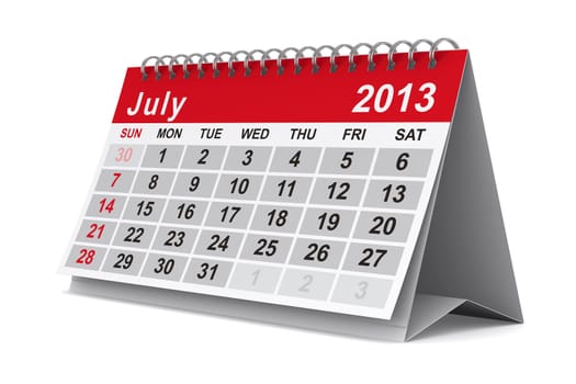 2013 year calendar. July. Isolated 3D image