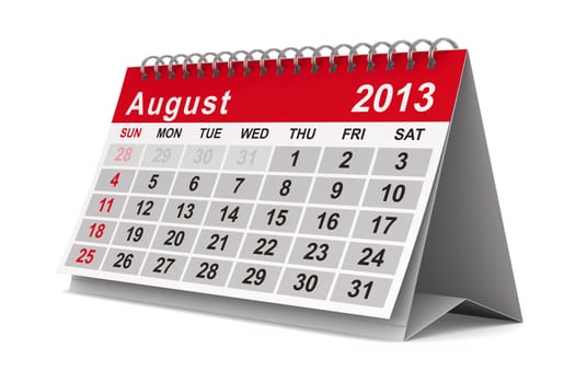 2013 year calendar. August. Isolated 3D image