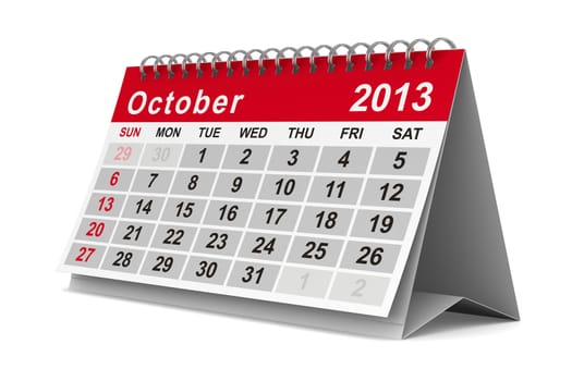 2013 year calendar. October. Isolated 3D image