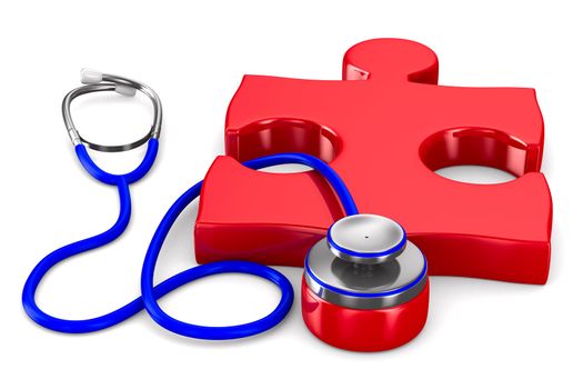 Stethoscope and puzzle on white background. Isolated 3D image
