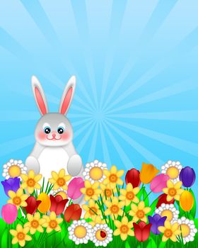 Easter Bunny Amongst Spring Flowers with Ladybug Illustration Isolated on White Background