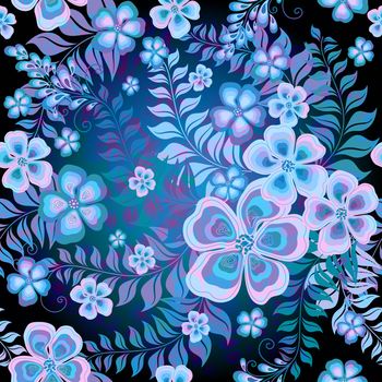 Seamless black and white-blue floral pattern with flowers and leaves