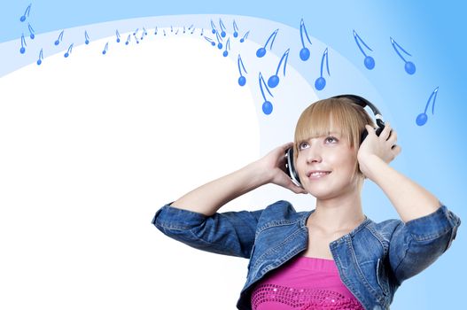 Young attractive woman listing to music with headphones, Notes are flying around a woman