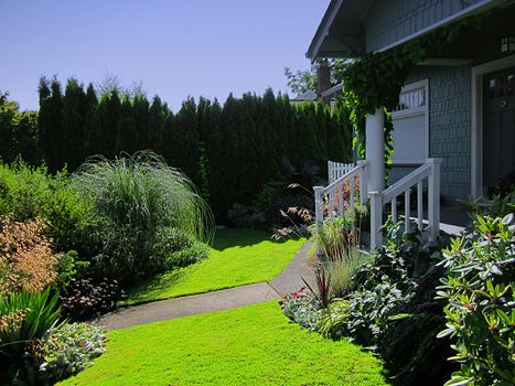 A photograph of landscaping at a house.